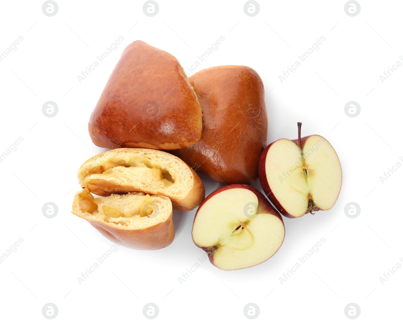 Photo of Delicious baked apple pirozhki on white background, top view