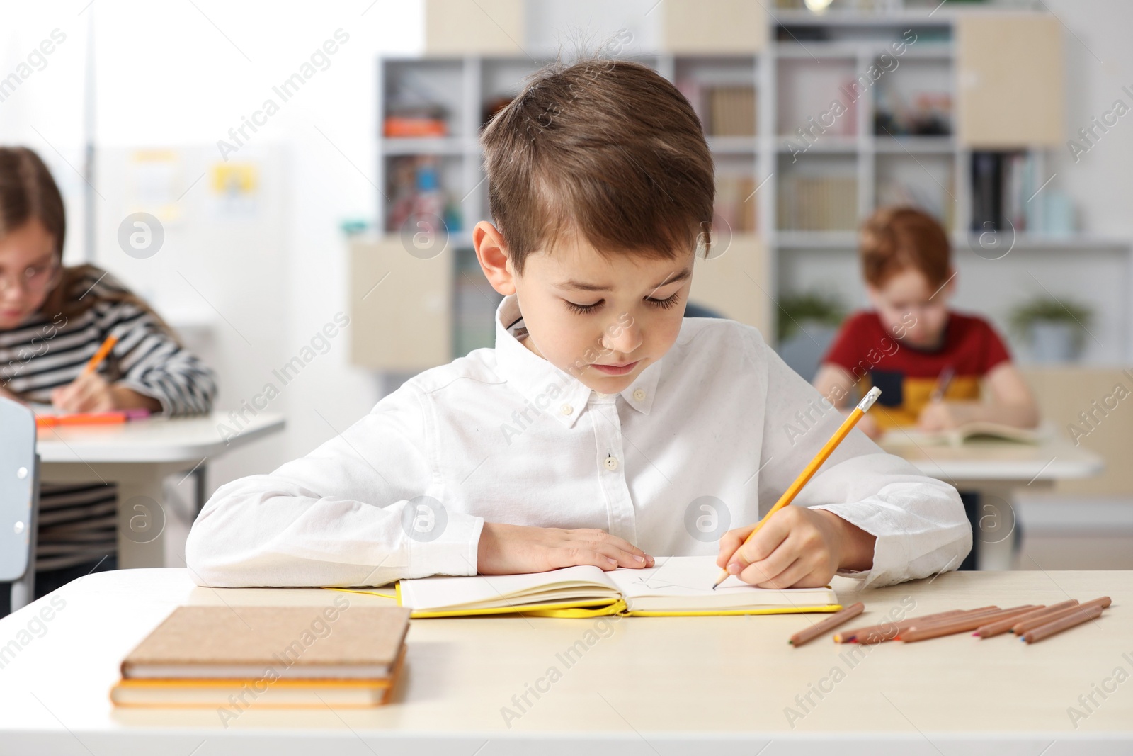 Photo of Portrait of cute little boy studying in classroom at school