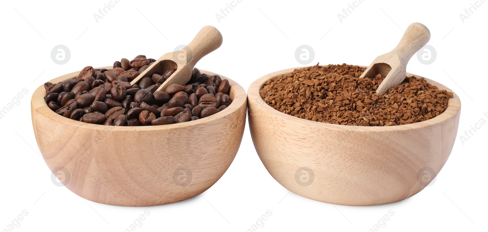 Photo of Bowls with instant coffee and roasted beans on white background