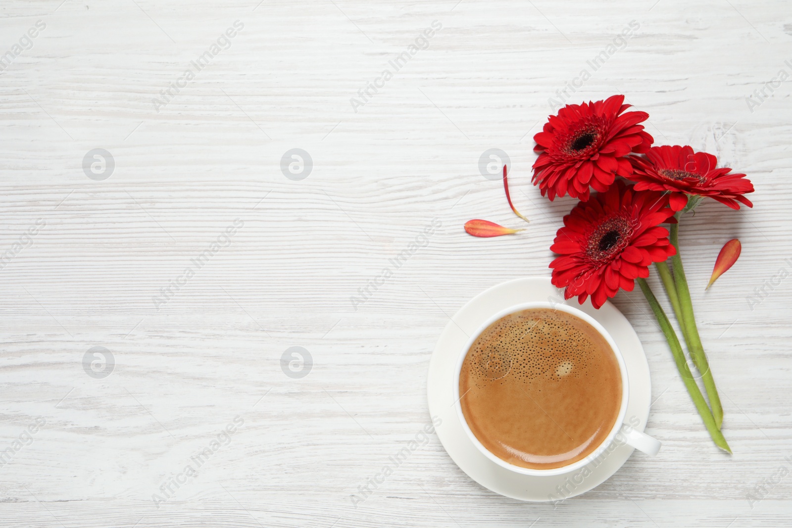 Photo of Cup of coffee and red gerbera flowers on white wooden table, flat lay. Space for text