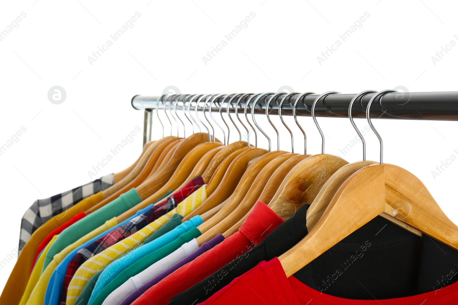 Photo of Rack with stylish clothes isolated on white, closeup