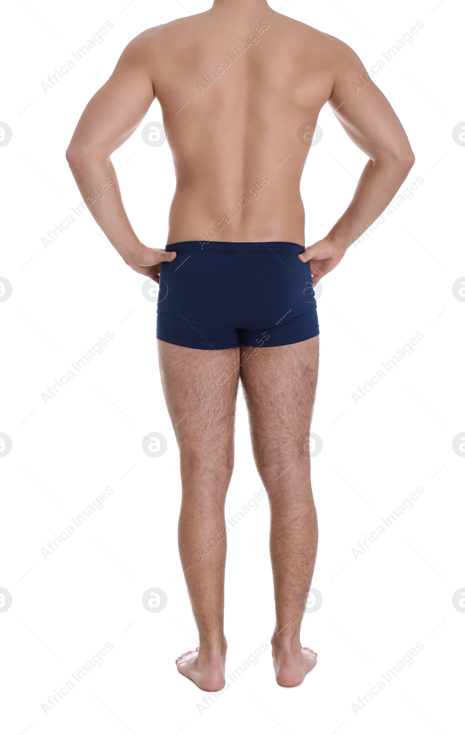 Photo of Young man on white background, closeup. Weight loss