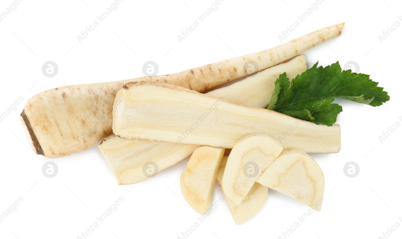 Photo of Tasty fresh ripe parsnips on white background, top view