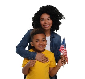 4th of July - Independence Day of USA. Happy woman and her son with American flag on white background