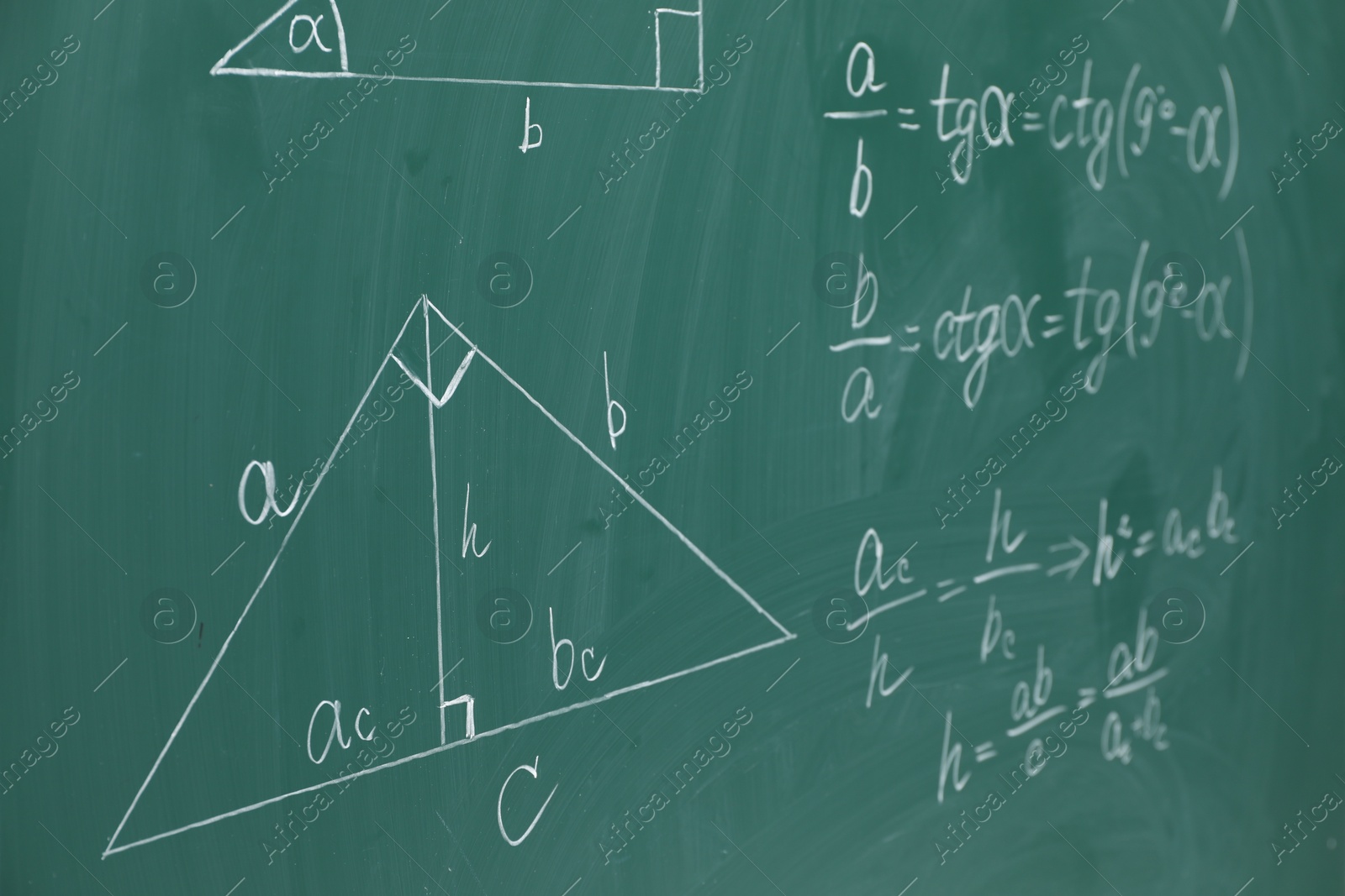 Photo of Many different math formulas written on chalkboard