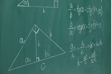 Many different math formulas written on chalkboard