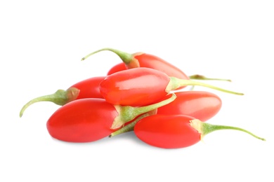 Photo of Fresh goji berries on white background. Healthy superfood