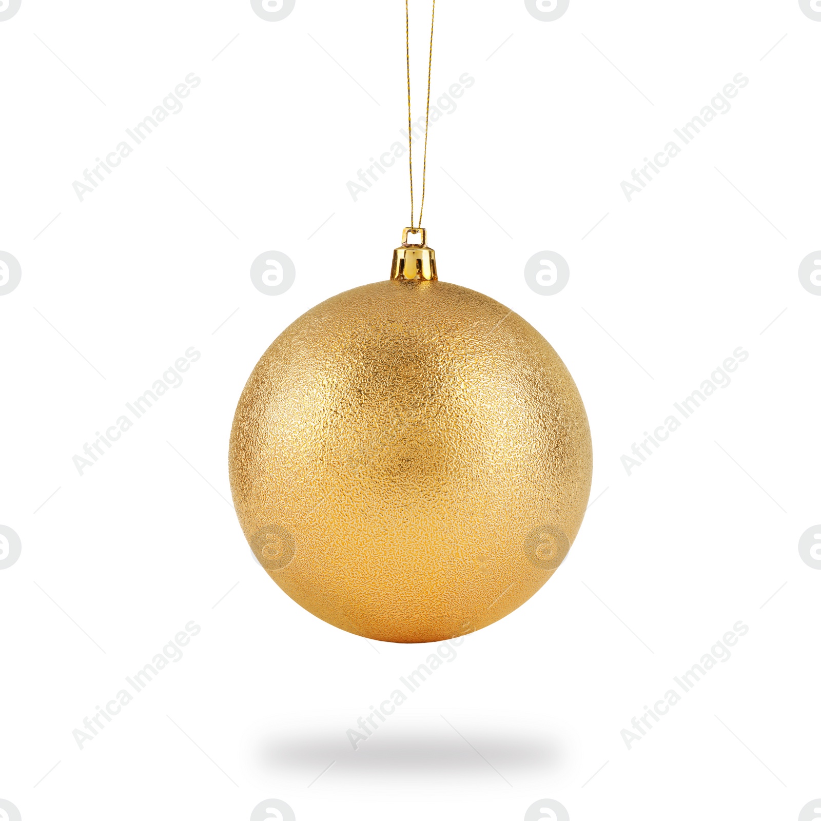 Image of Beautiful golden Christmas ball hanging on white background