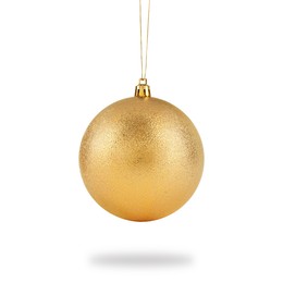 Image of Beautiful golden Christmas ball hanging on white background