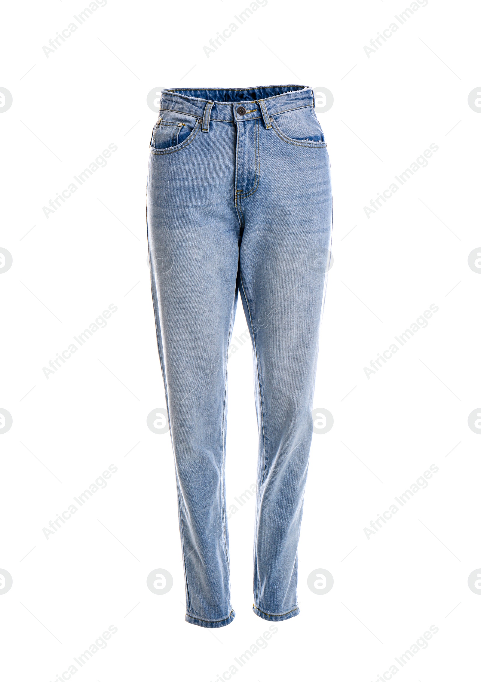 Photo of Stylish jeans on mannequin against white background. Women's clothes