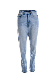 Stylish jeans on mannequin against white background. Women's clothes