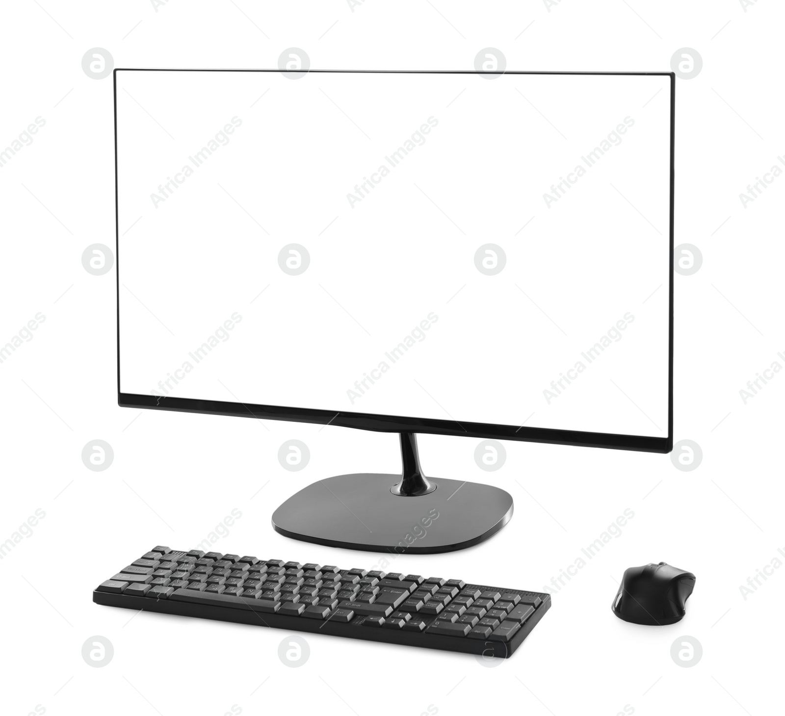 Photo of Modern computer monitor with black screen, keyboard and mouse on white background