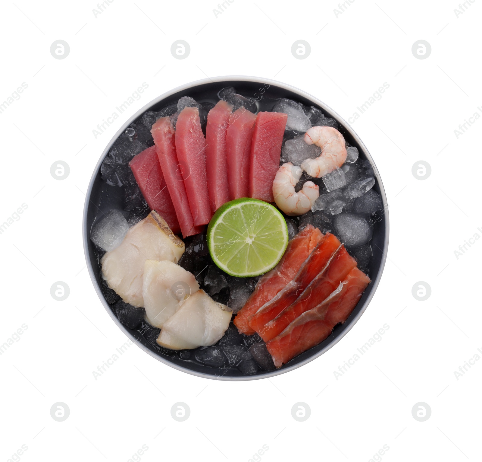 Photo of Sashimi set (raw slices of tuna, salmon, oily fish and shrimps) served with lime and ice cubes isolated on white, top view