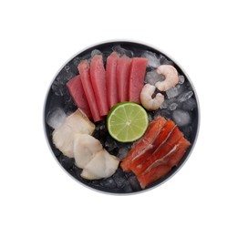 Photo of Sashimi set (raw slices of tuna, salmon, oily fish and shrimps) served with lime and ice cubes isolated on white, top view