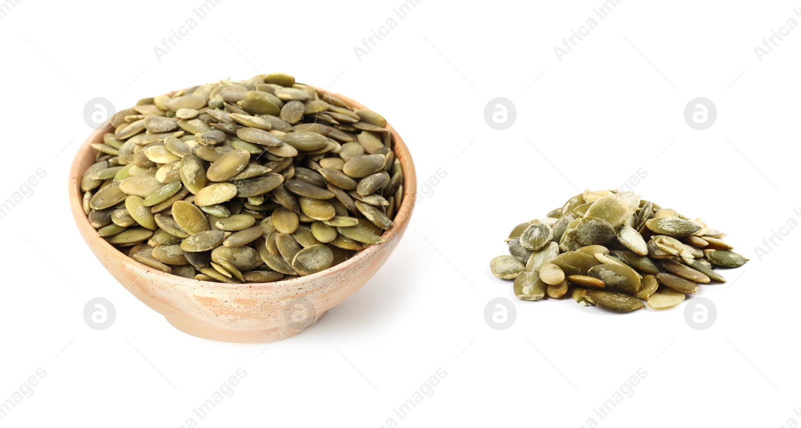 Image of Raw pumpkin seeds on white background 