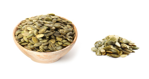 Image of Raw pumpkin seeds on white background 