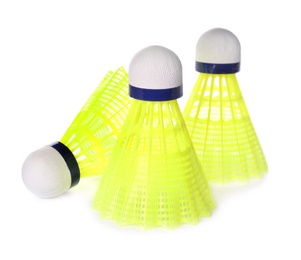 Badminton shuttlecocks on white background. Sport equipment