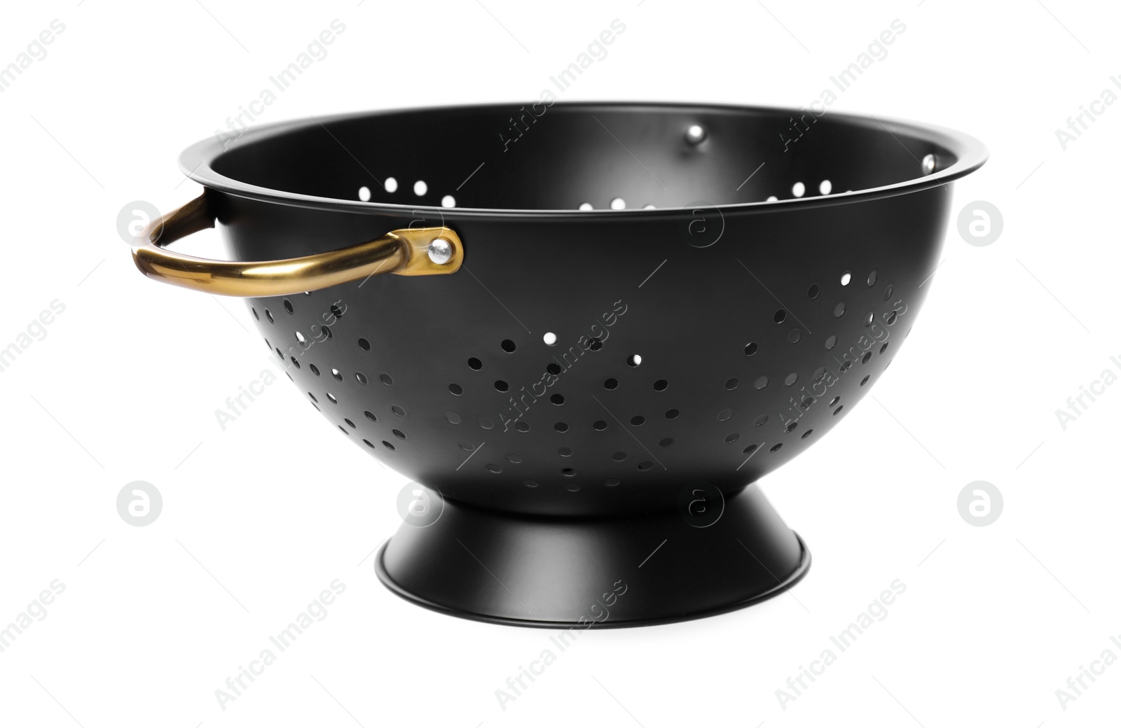 Photo of One black metal colander isolated on white