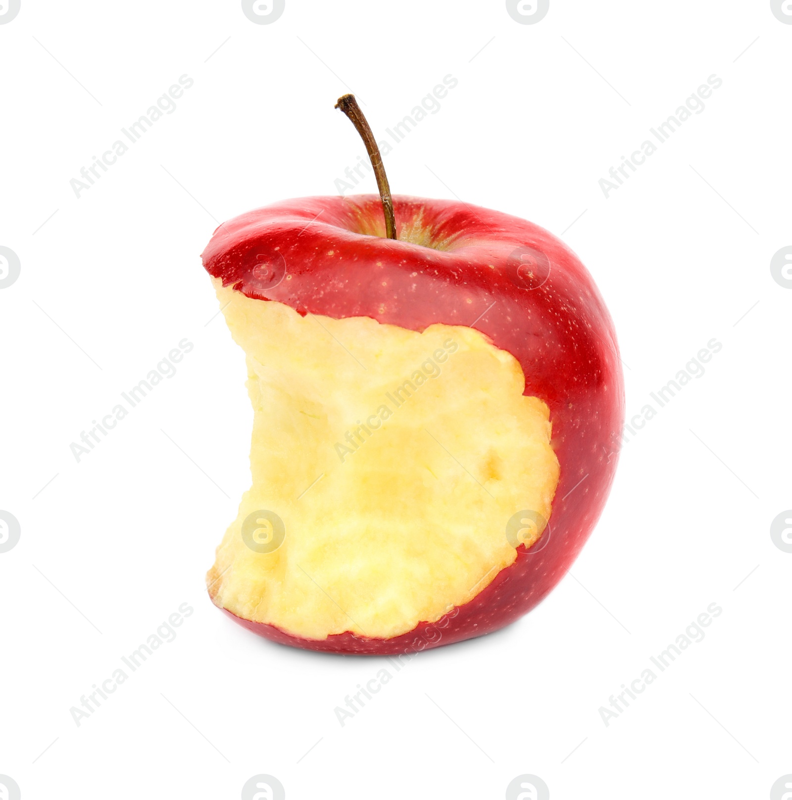 Photo of Half eaten red apple on white background