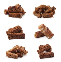 Piles of tasty rye croutons on white background, collage design