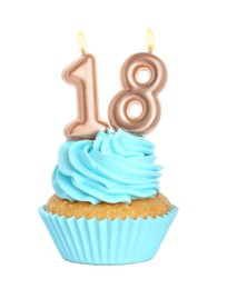 Photo of Delicious cupcake with number shaped candles on white background. Coming of age party - 18th birthday