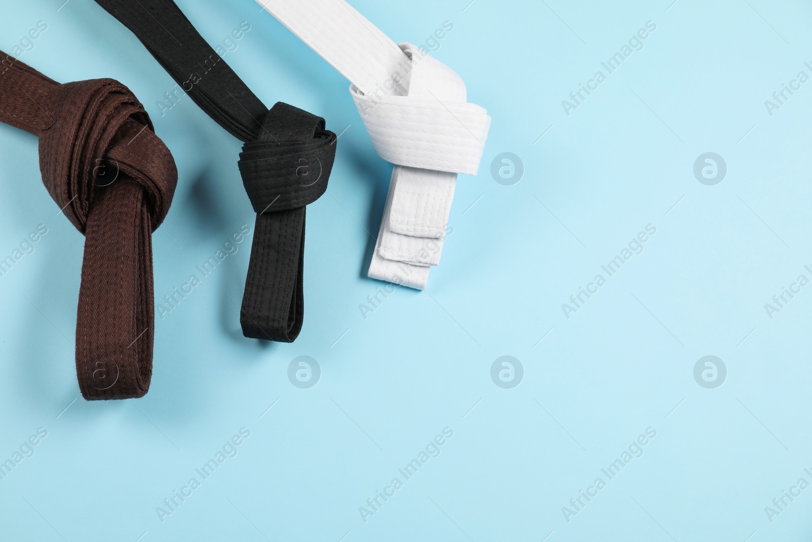 Photo of Karate belts on light blue background, flat lay. Space for text
