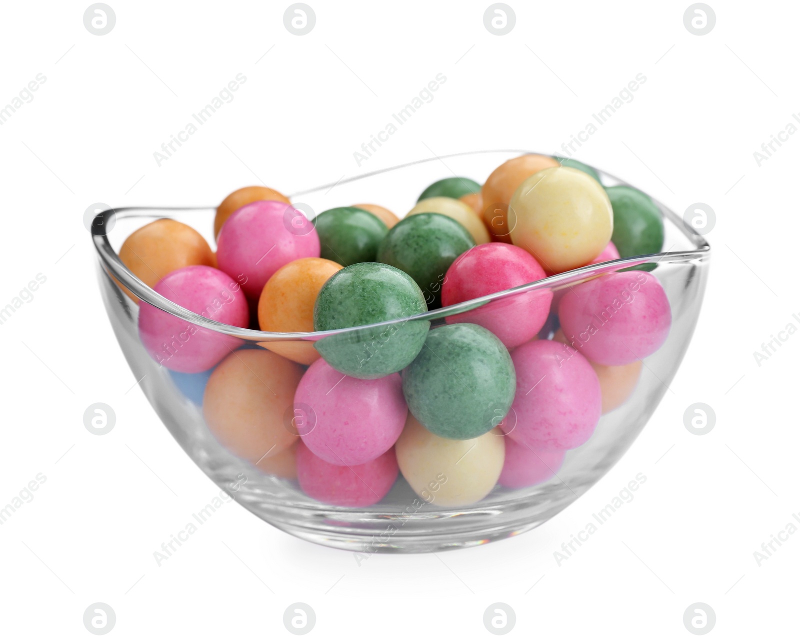 Photo of Bowl with many bright gumballs isolated on white