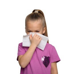 Sick girl blowing nose in tissue on white background. Cold symptoms