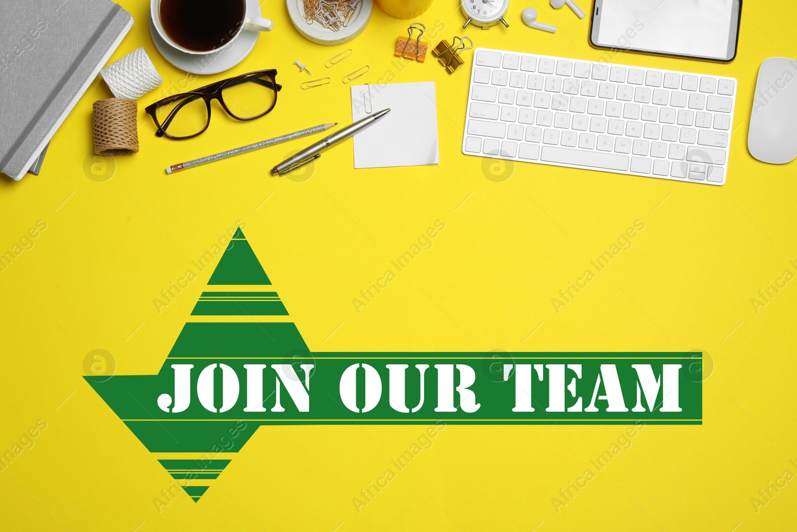 Image of Join our team. Top view of workplace with stationery and text