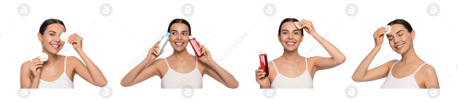 Image of Collage with photos of woman with micellar water on white background