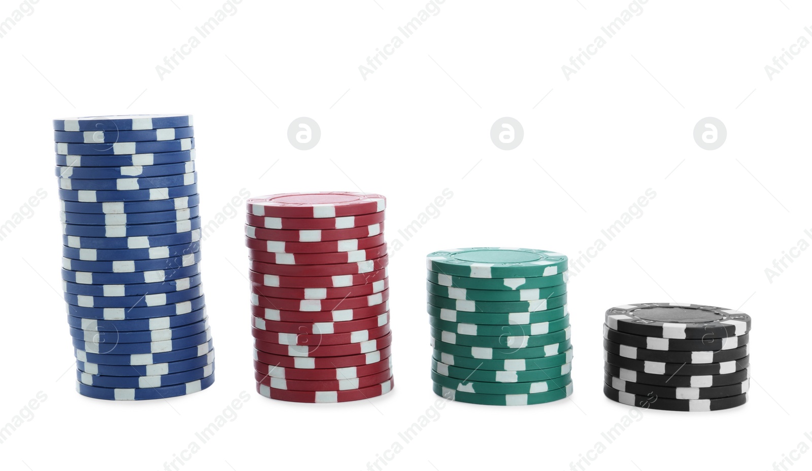 Photo of Stacks of casino poker chips on white background