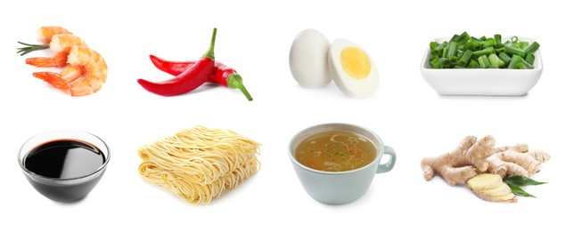 Set with tasty ingredients for ramen on white background. Banner design