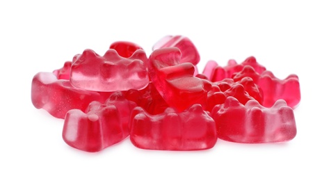 Pile of delicious jelly bears on white background