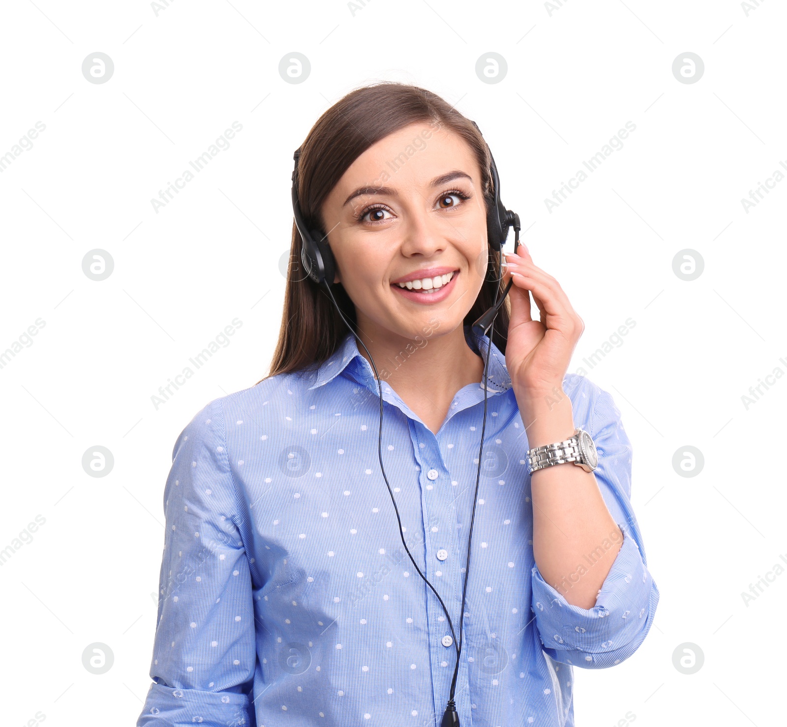 Photo of Young woman talking by phone through headset on white background