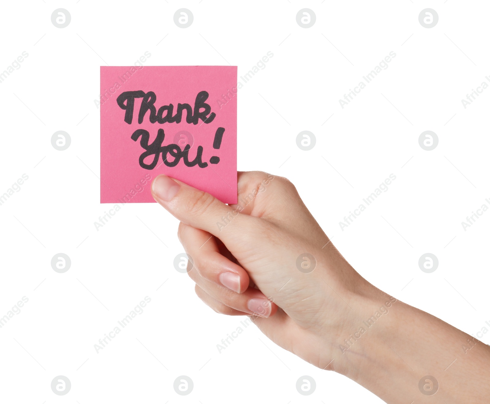 Photo of Woman holding pink paper note with phrase Thank You isolated on white, closeup