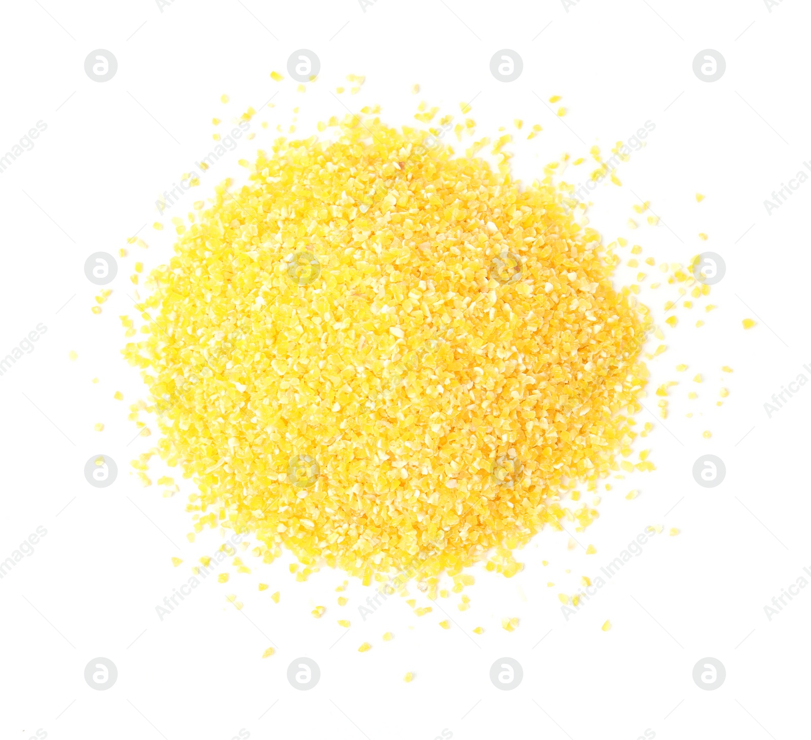 Photo of Pile of raw cornmeal isolated on white, top view