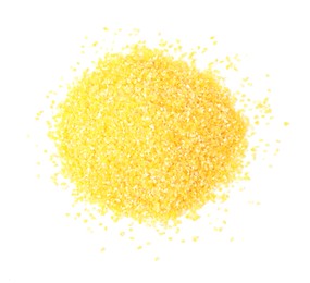 Photo of Pile of raw cornmeal isolated on white, top view