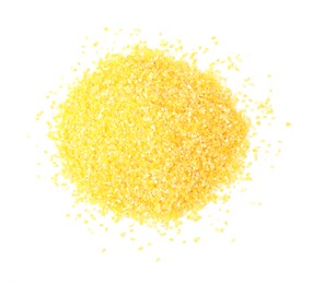 Pile of raw cornmeal isolated on white, top view