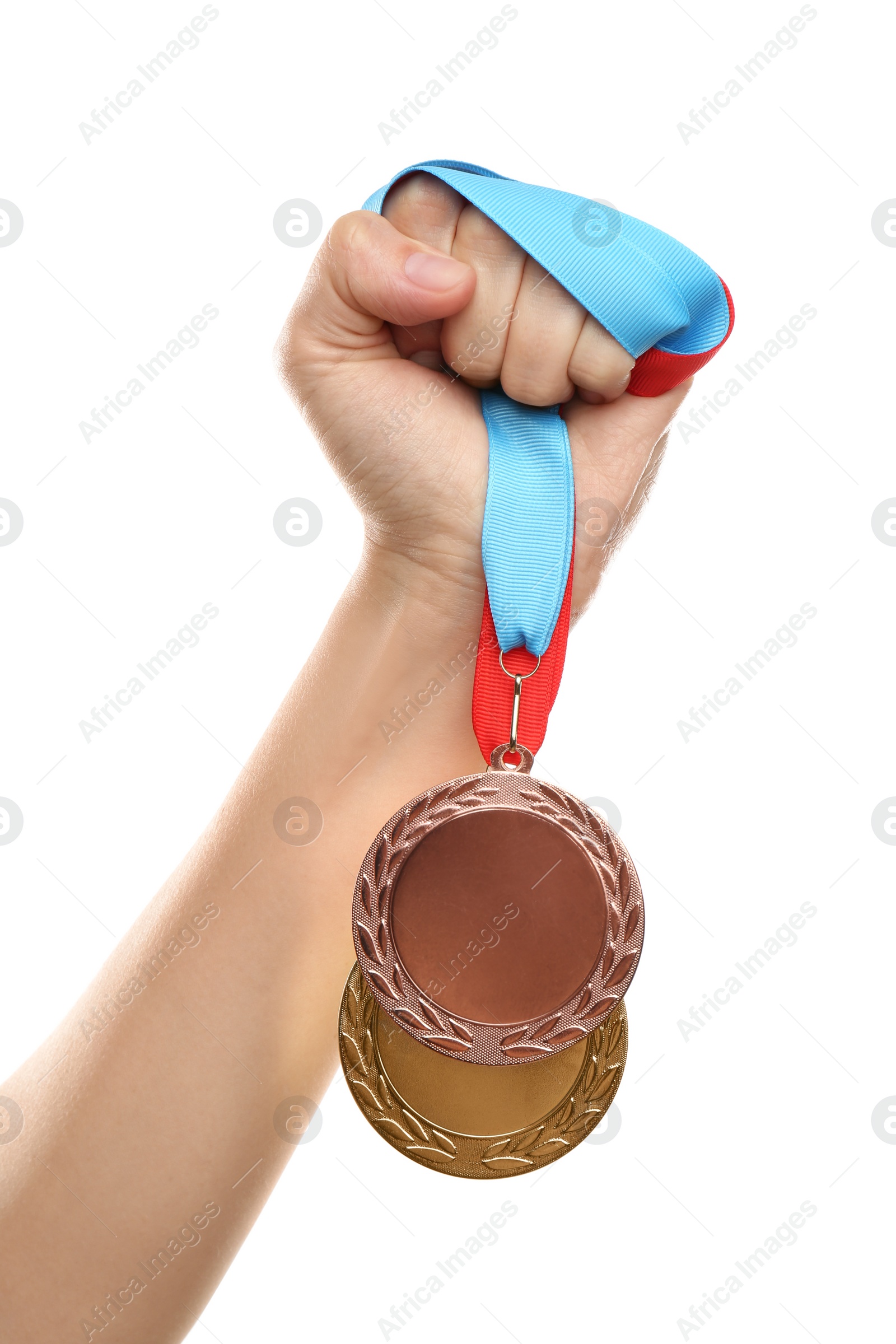 Photo of Woman holding medals on white background, closeup. Space for design