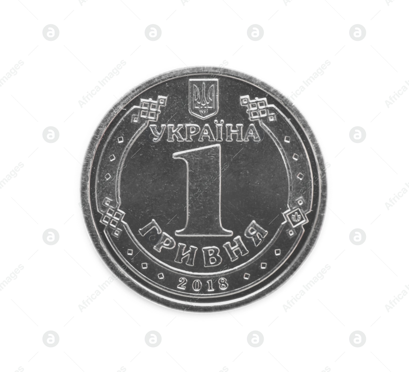 Photo of Ukrainian coin on white background, top view. National currency
