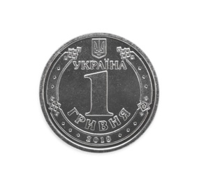 Photo of Ukrainian coin on white background, top view. National currency
