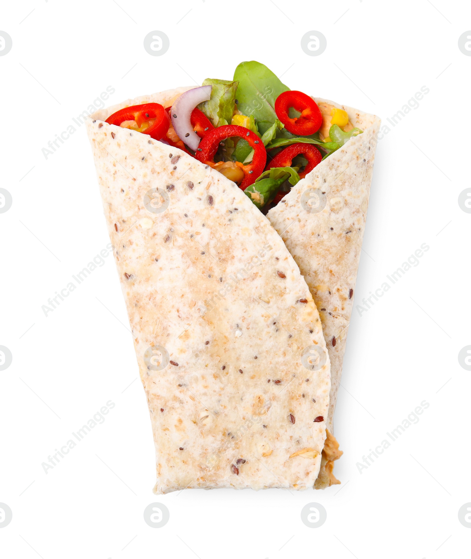 Photo of Delicious hummus wrap with vegetables isolated on white, top view