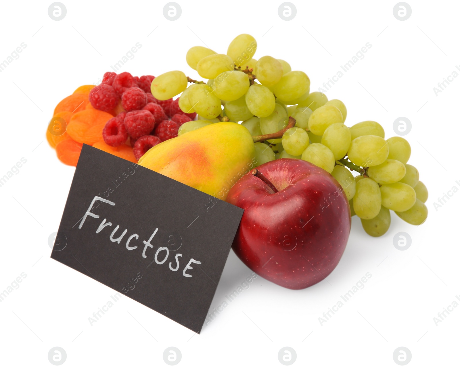 Photo of Card with word Fructose, delicious ripe fruits, raspberries and dried apricots isolated on white