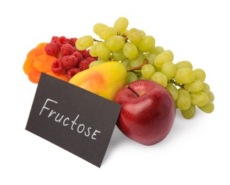 Card with word Fructose, delicious ripe fruits, raspberries and dried apricots isolated on white
