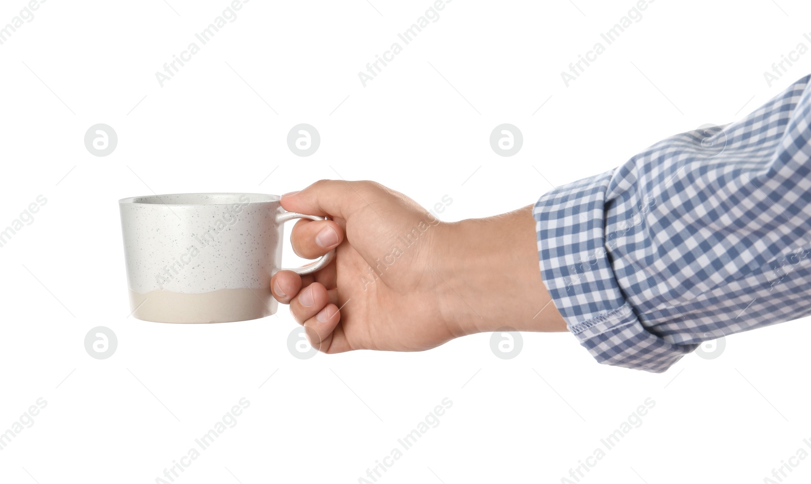 Photo of Woman holding cup on white background, closeup