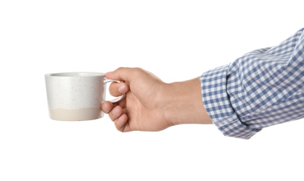 Photo of Woman holding cup on white background, closeup