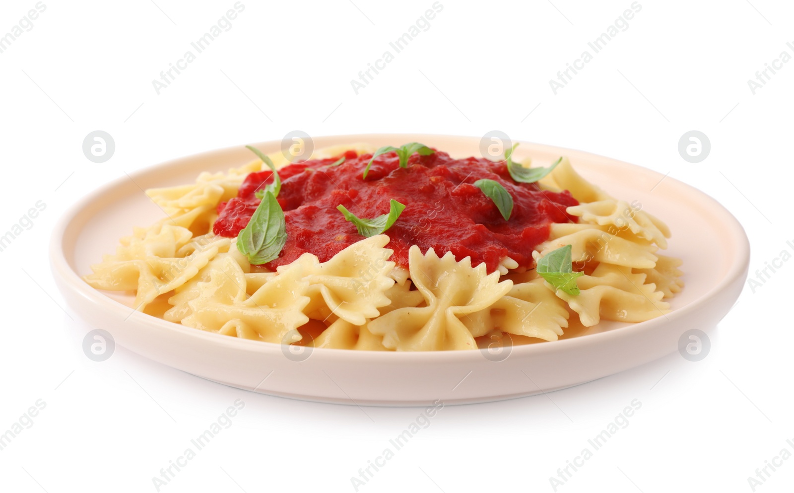 Photo of Tasty pasta with tomato sauce and basil isolated on white