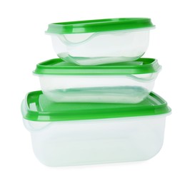 Photo of Empty plastic containers on white background. Food storage