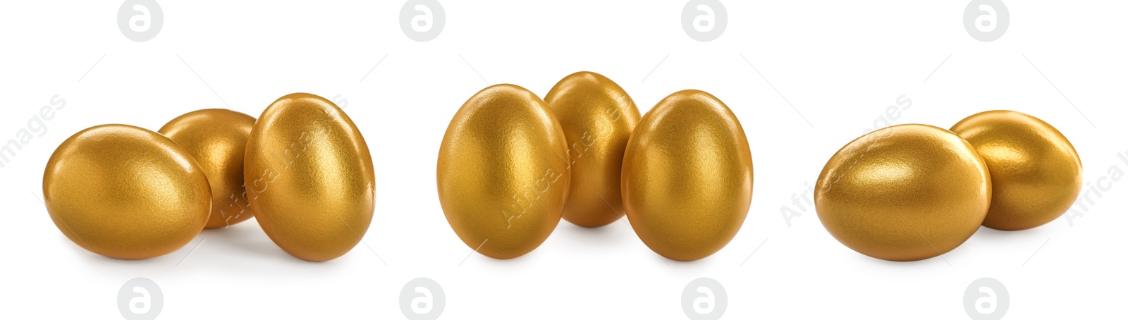 Image of Set with shiny golden eggs on white background. Banner design