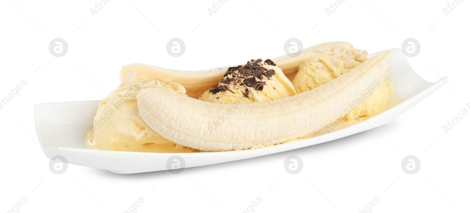 Photo of Delicious banana split ice cream with toppings  isolated on white
